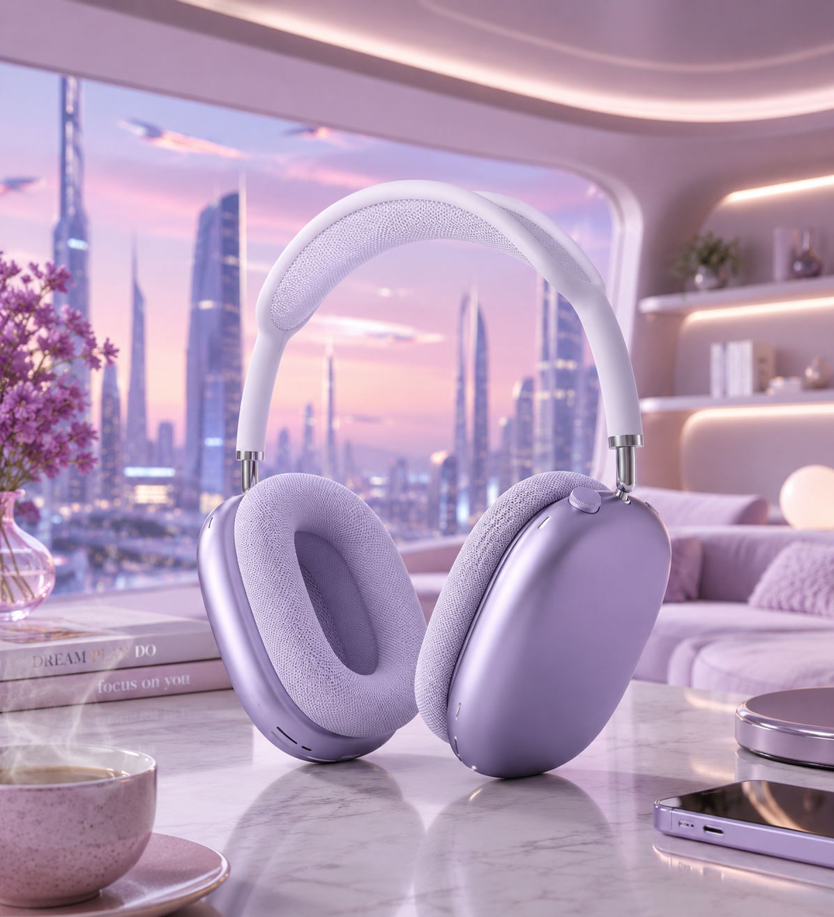 Apple AirPods Max 2 Purple in a futuristic lavender room