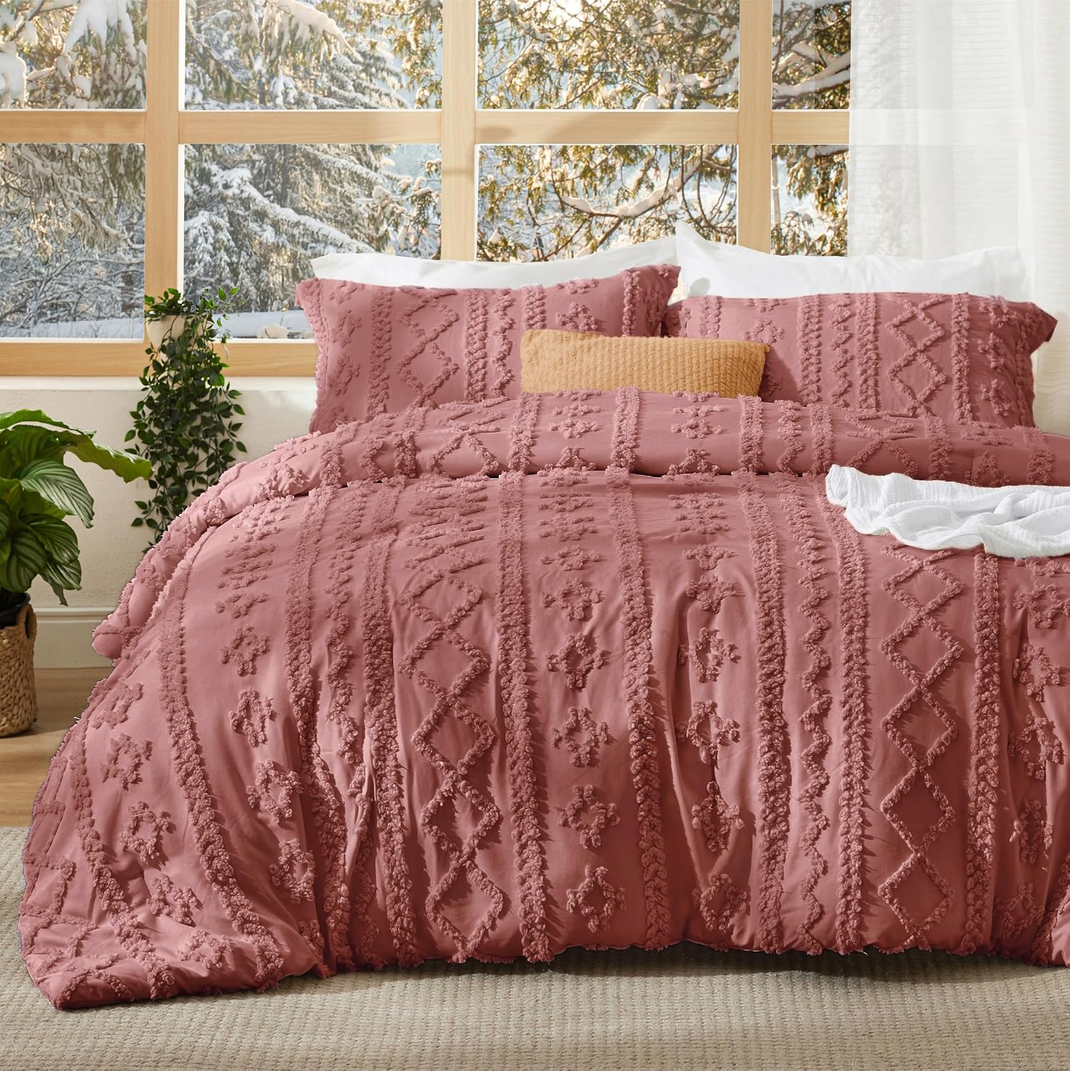 Bedsure tufted boho comforter set in Pink Clay