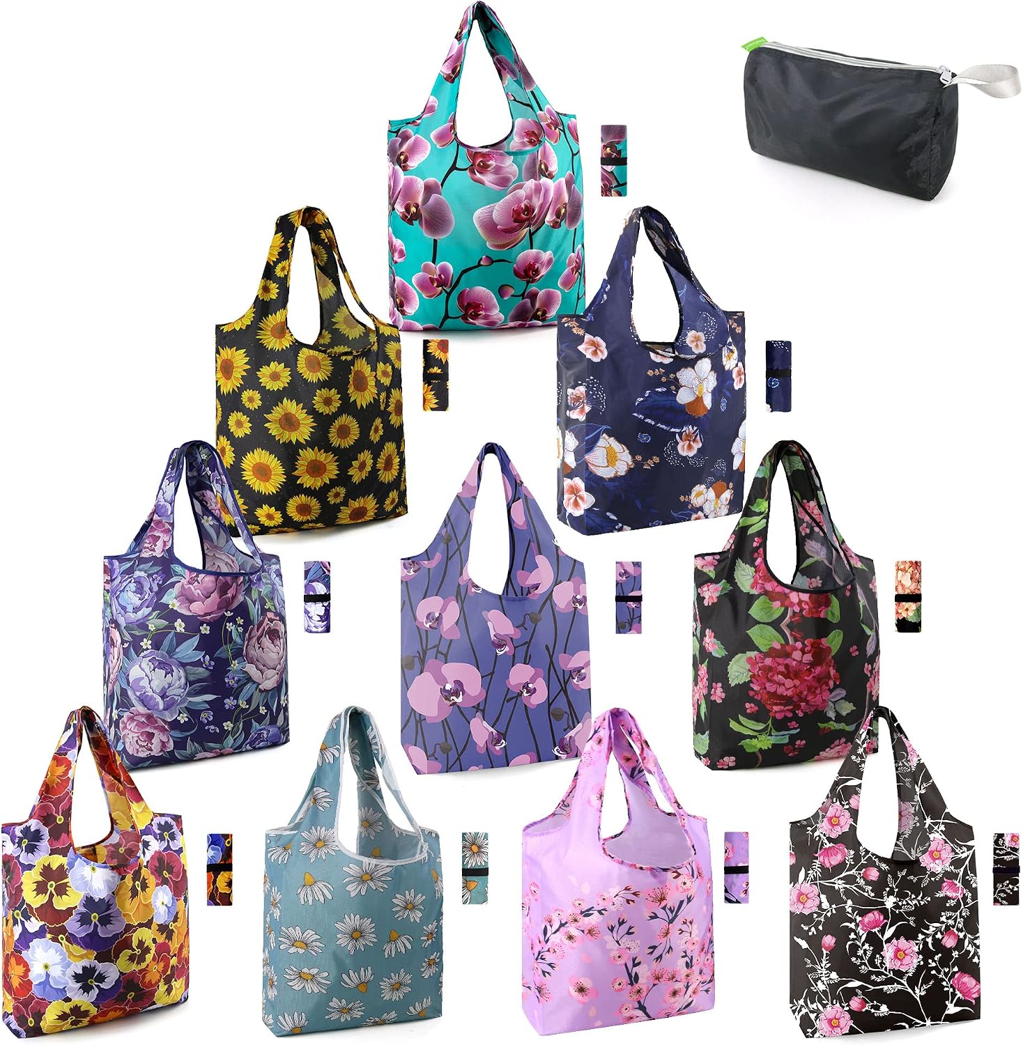 BeeGreen reusable grocery bags with colorful floral prints