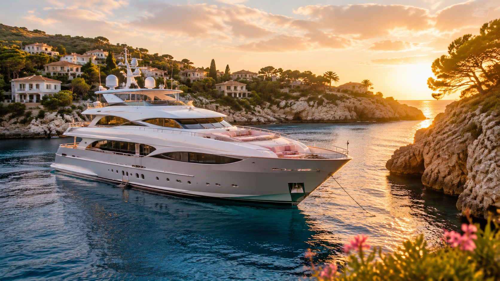An original editorial scene of a white superyacht in a sapphire Mediterranean cove at golden hour