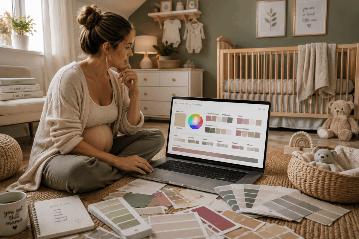 Woman using a color palette generator while planning a baby room