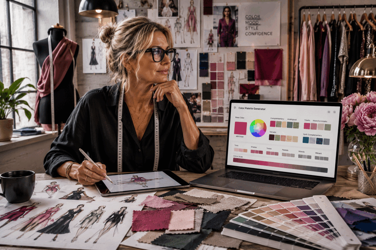 Fashion designer using a color palette generator with fabric swatches