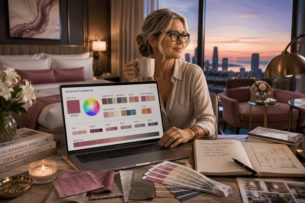 Interior designer using a color palette generator for a hotel room