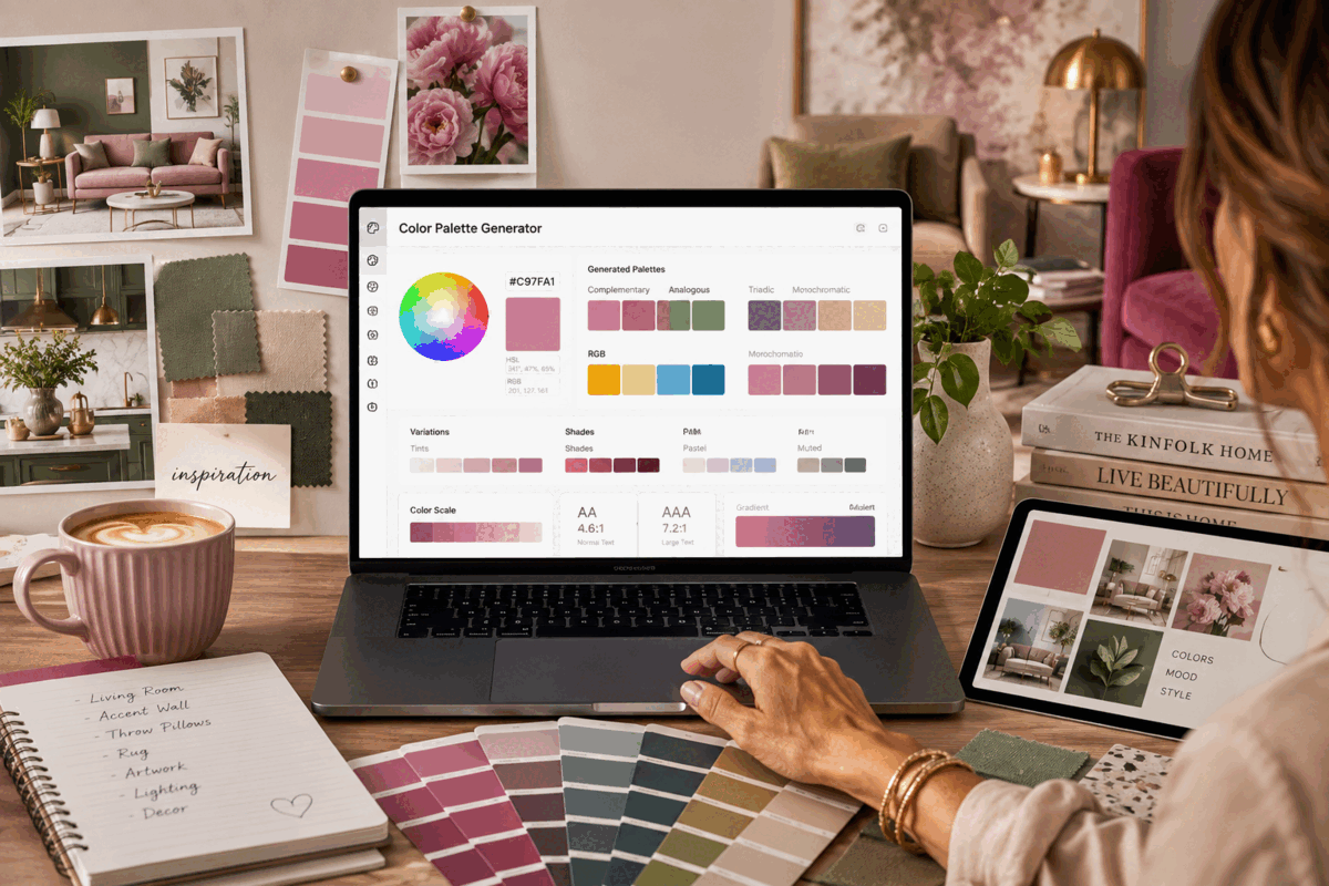 Color palette generator used to plan a pink and olive living room