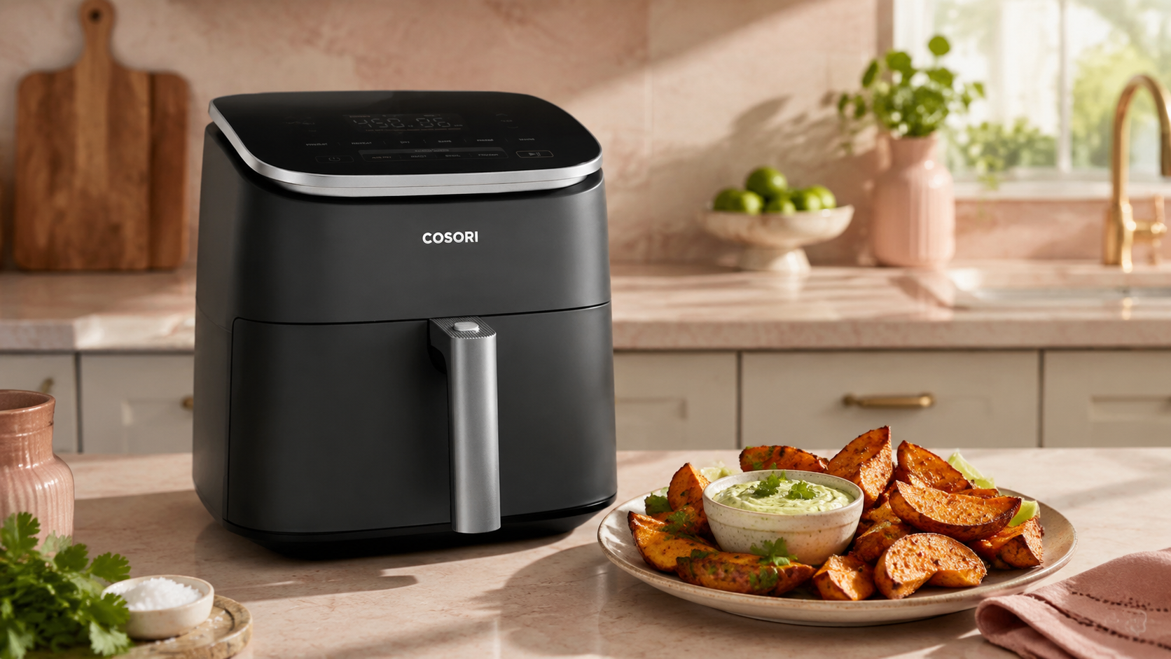 COSORI TurboBlaze 6-quart air fryer beside sweet potato wedges in a warm kitchen