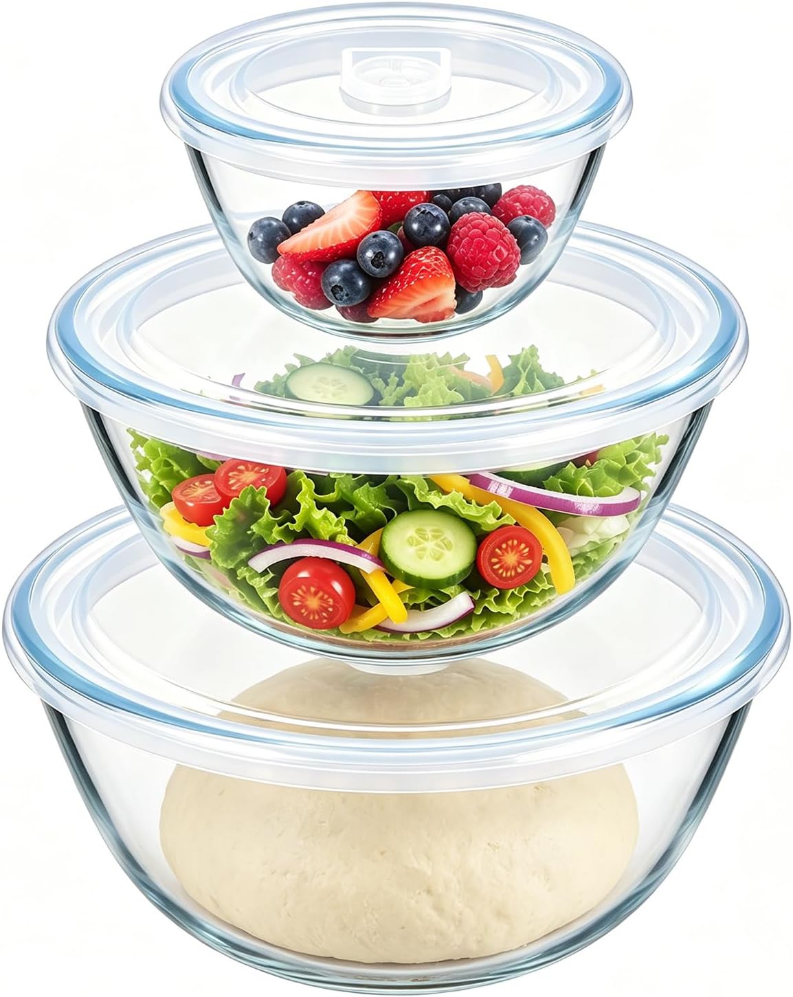 E-far three-piece glass mixing bowl set with airtight lids