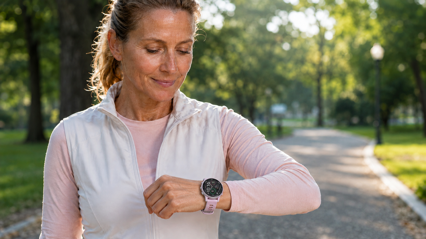 Woman running outdoors while wearing a light pink Garmin watch