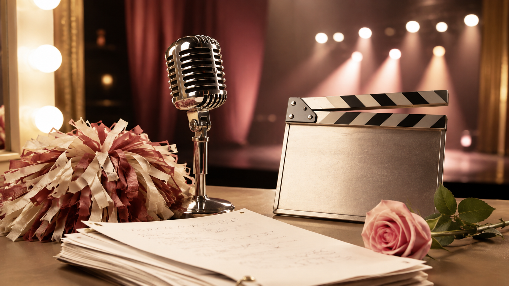 Vintage stage microphone, film script, clapperboard, cheerleading pompom and pink rose representing an acting and music career