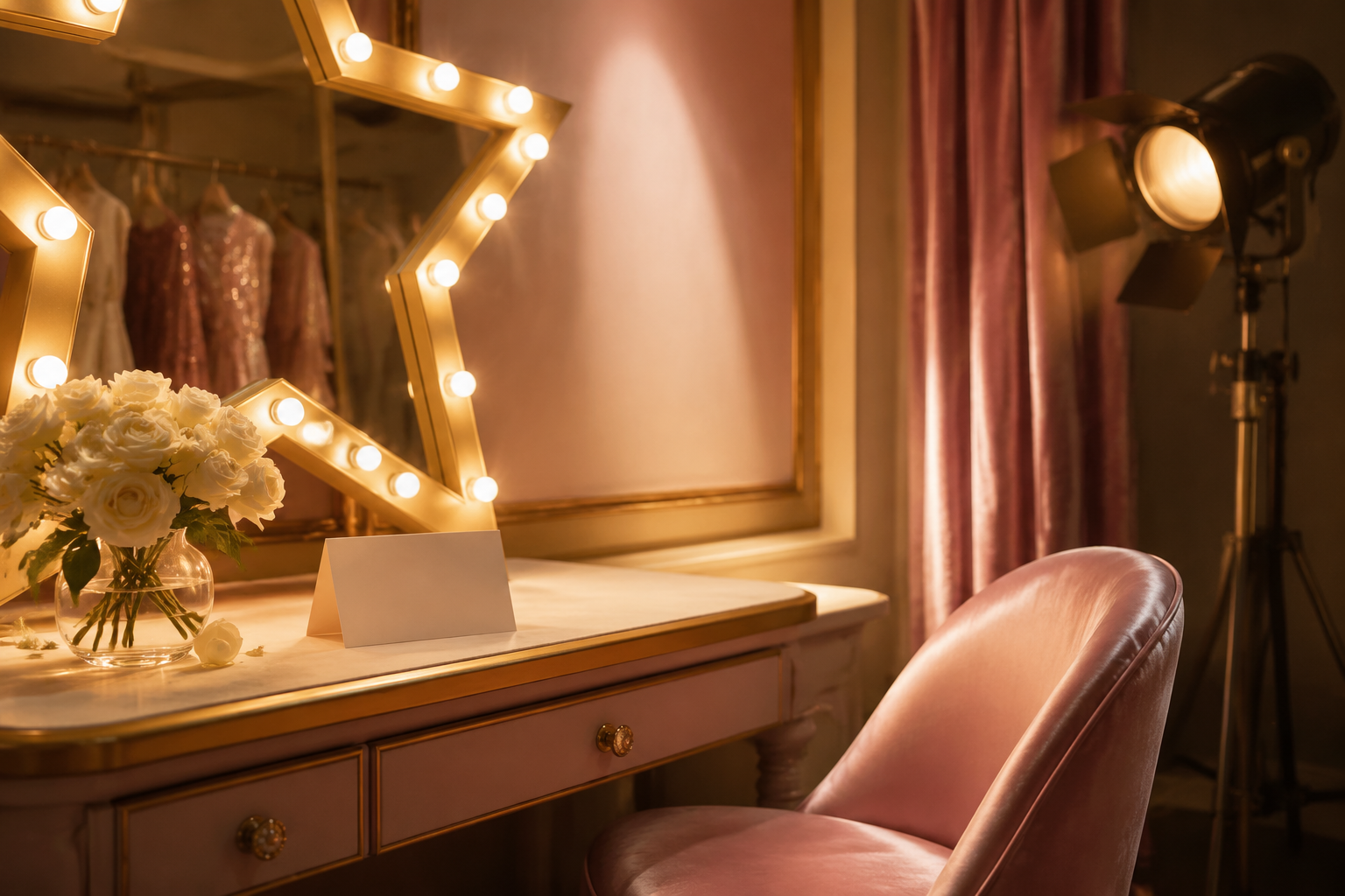 Quiet theater dressing room with a pale pink chair, white roses and a warm memorial light