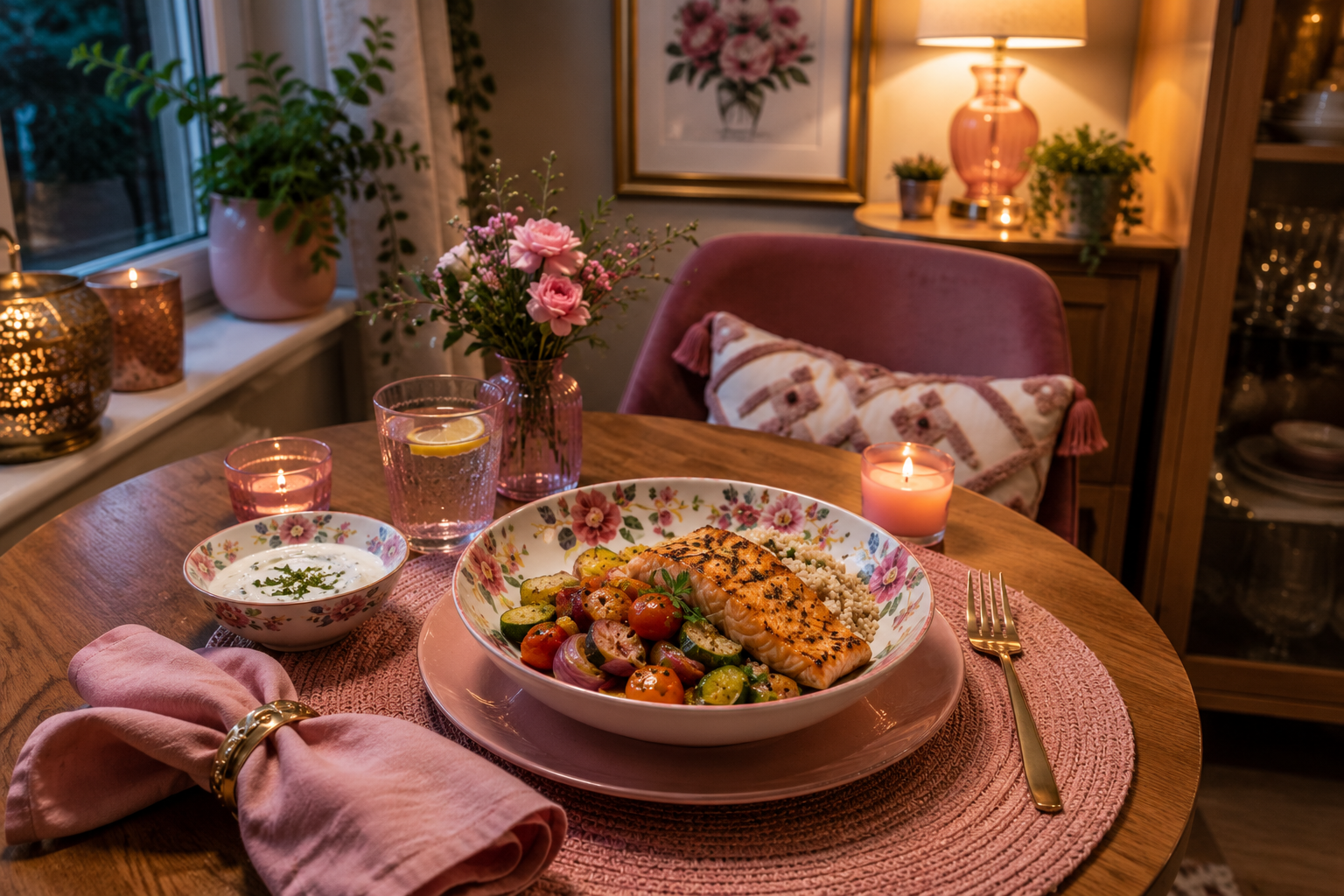 Healthy salmon dinner for one at a warm table