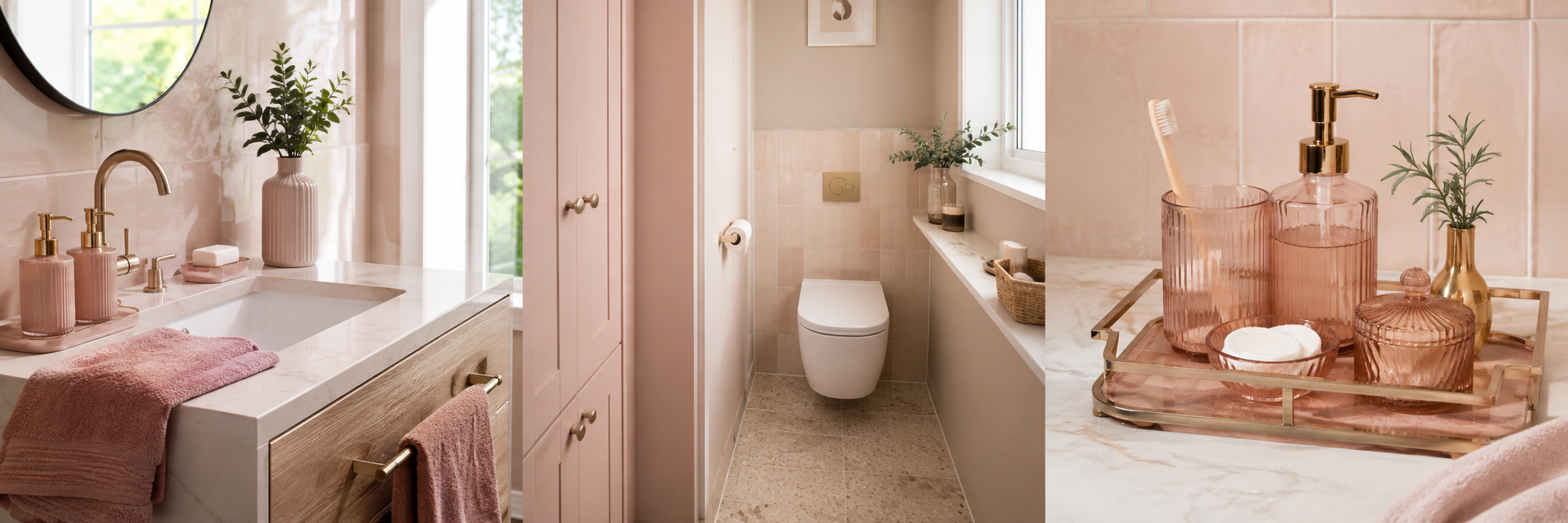 Three distinct pink bathroom ideas showing practical layouts and pink color combinations