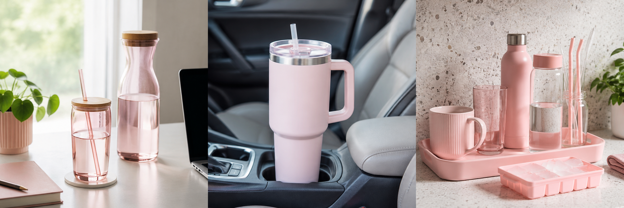 Three distinct pink drinkware ideas showing practical layouts and pink color combinations