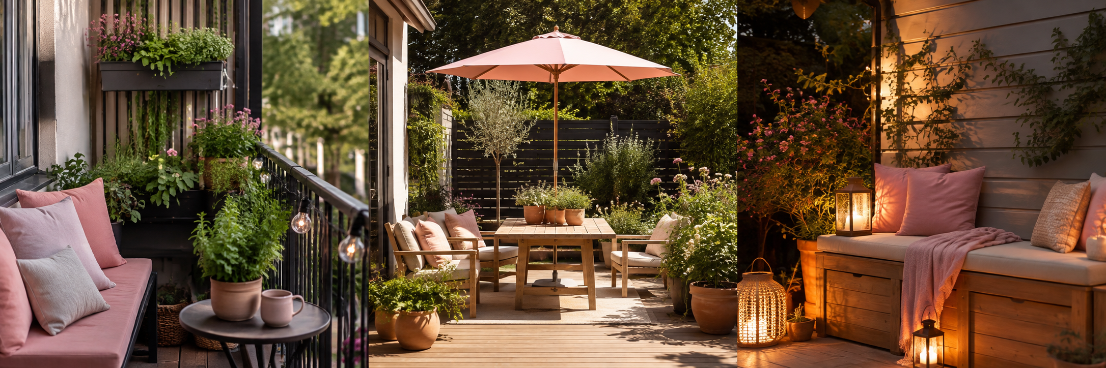 Three distinct pink garden ideas showing practical layouts and pink color combinations