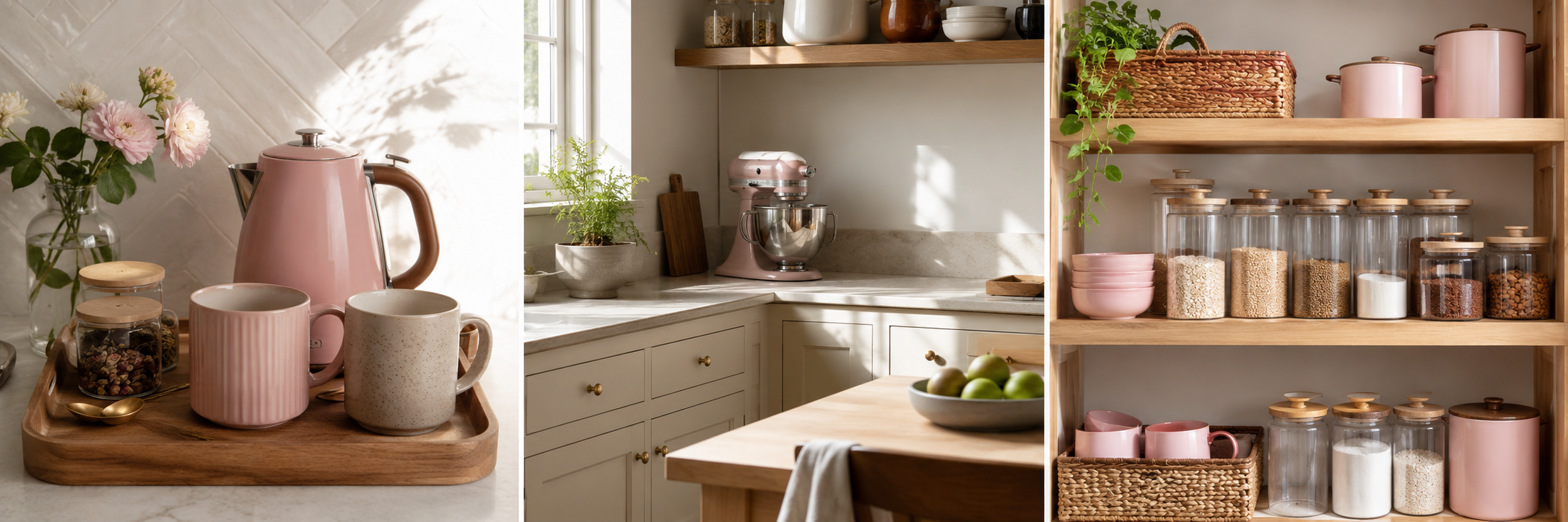 Three distinct pink kitchen accessories ideas showing practical layouts and pink color combinations