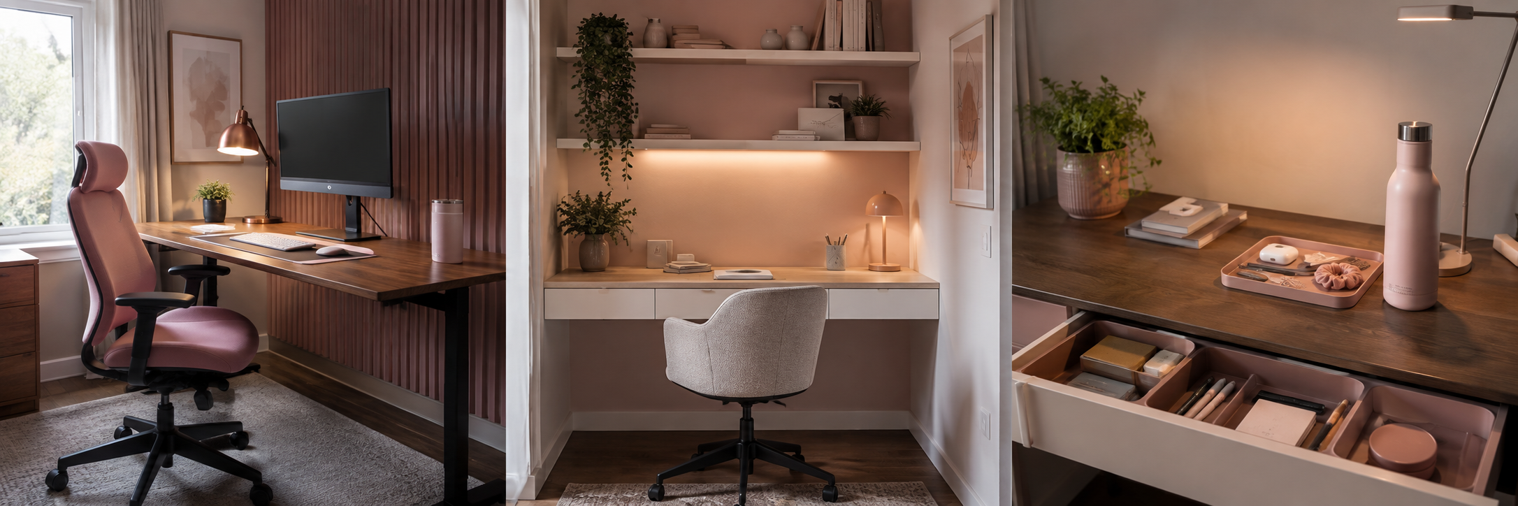 Three distinct pink study ideas showing practical layouts and pink color combinations