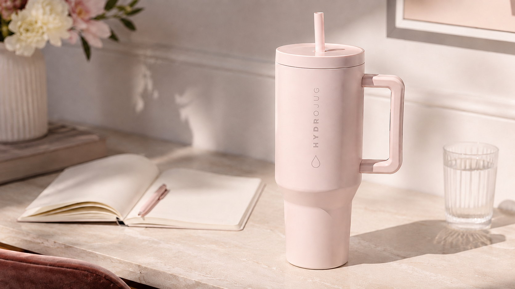 HydroJug Traveler 40oz in pale matte Pink Sand on an elegant cream desk