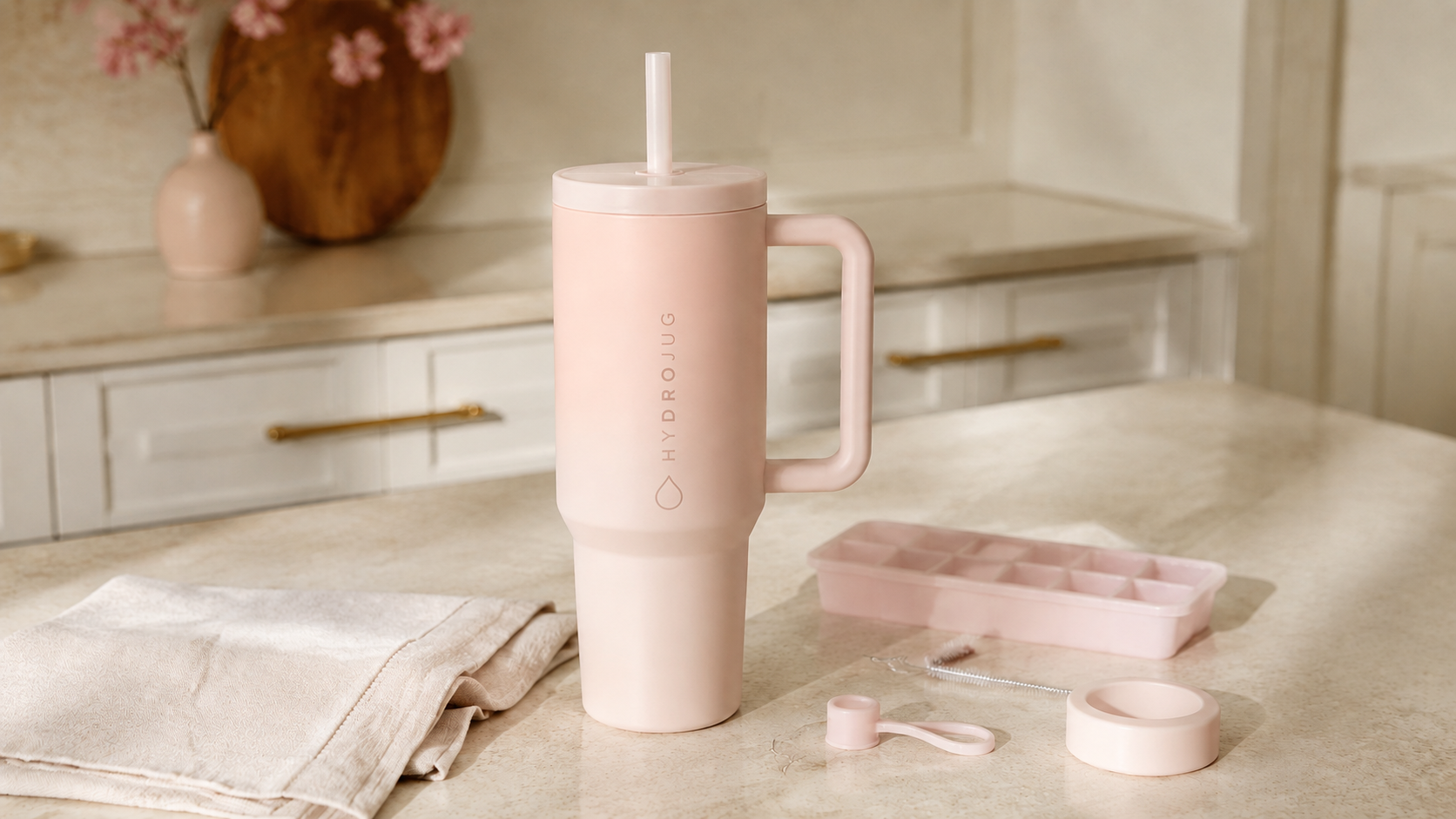 Pale blush HydroJug Traveler 40oz beside coordinated drink accessories on a cream kitchen counter