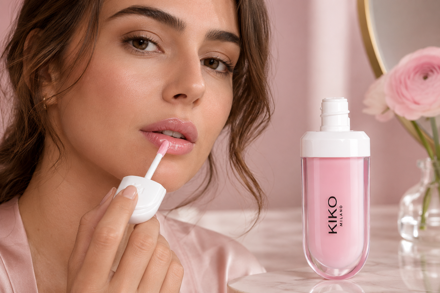 Woman applying KIKO Milano Tutu Rose while the rounded bottle is visible beside her