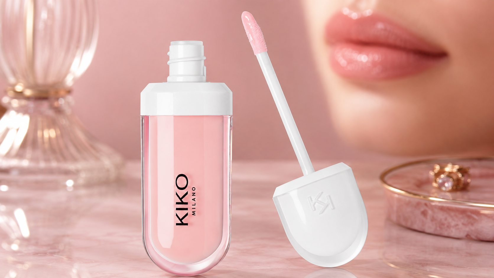 KIKO Milano Tutu Rose bottle with its white teardrop cap and pink applicator in a glamorous beauty setting