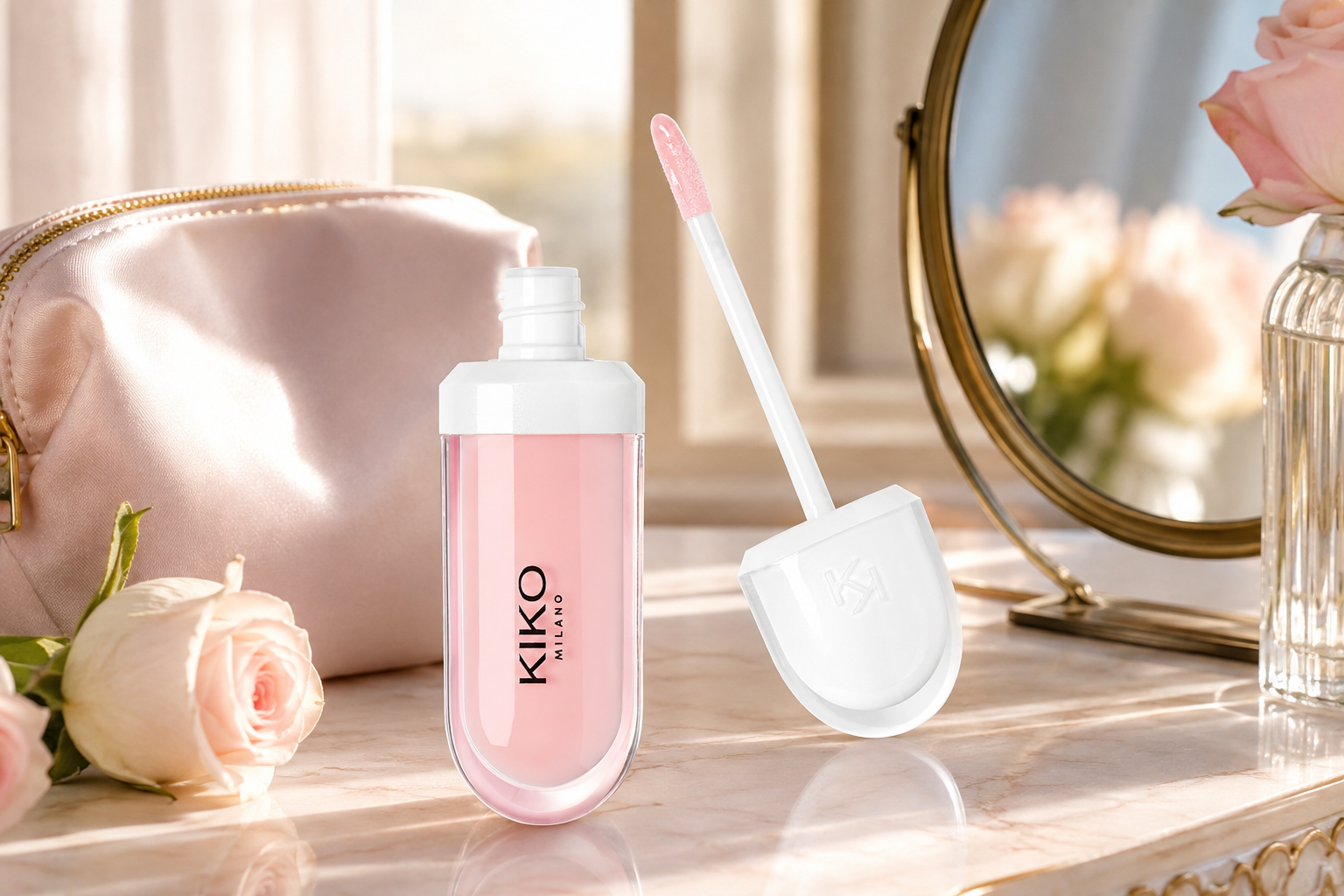 KIKO Milano Tutu Rose bottle on an elegant morning vanity with a mirror and silk cosmetic pouch