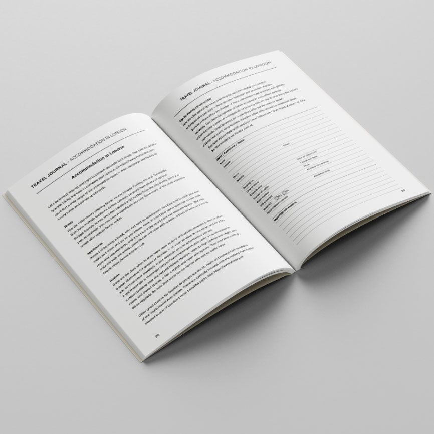 Open London travel journal showing accommodation planning pages