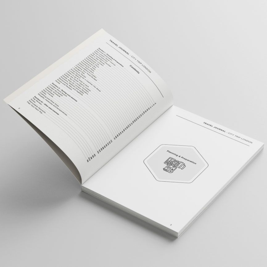 Open London travel journal showing its contents and planning section
