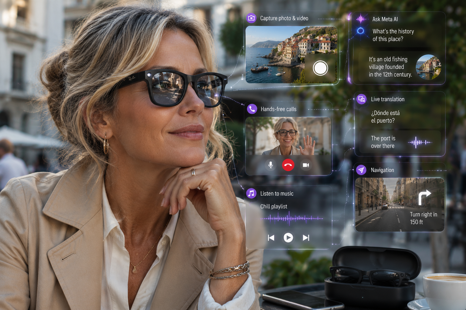 Woman wearing Meta Ray-Ban Gen 2 Wayfarer smart glasses with camera, calls, music, translation and navigation features