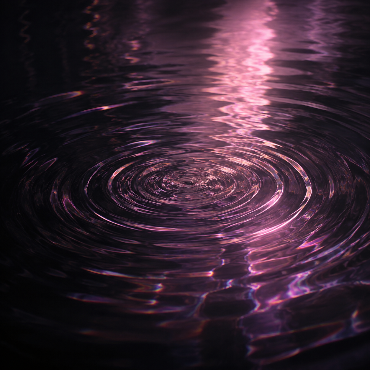 Concentric ripples across dark water reflecting magenta and violet light