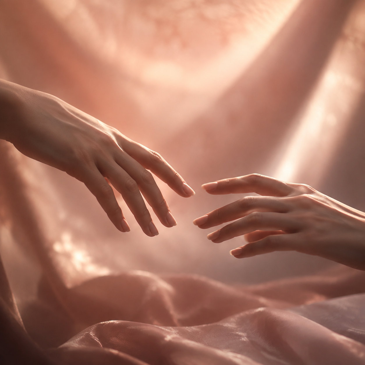 Two anonymous hands almost touching over softly lit blush fabric
