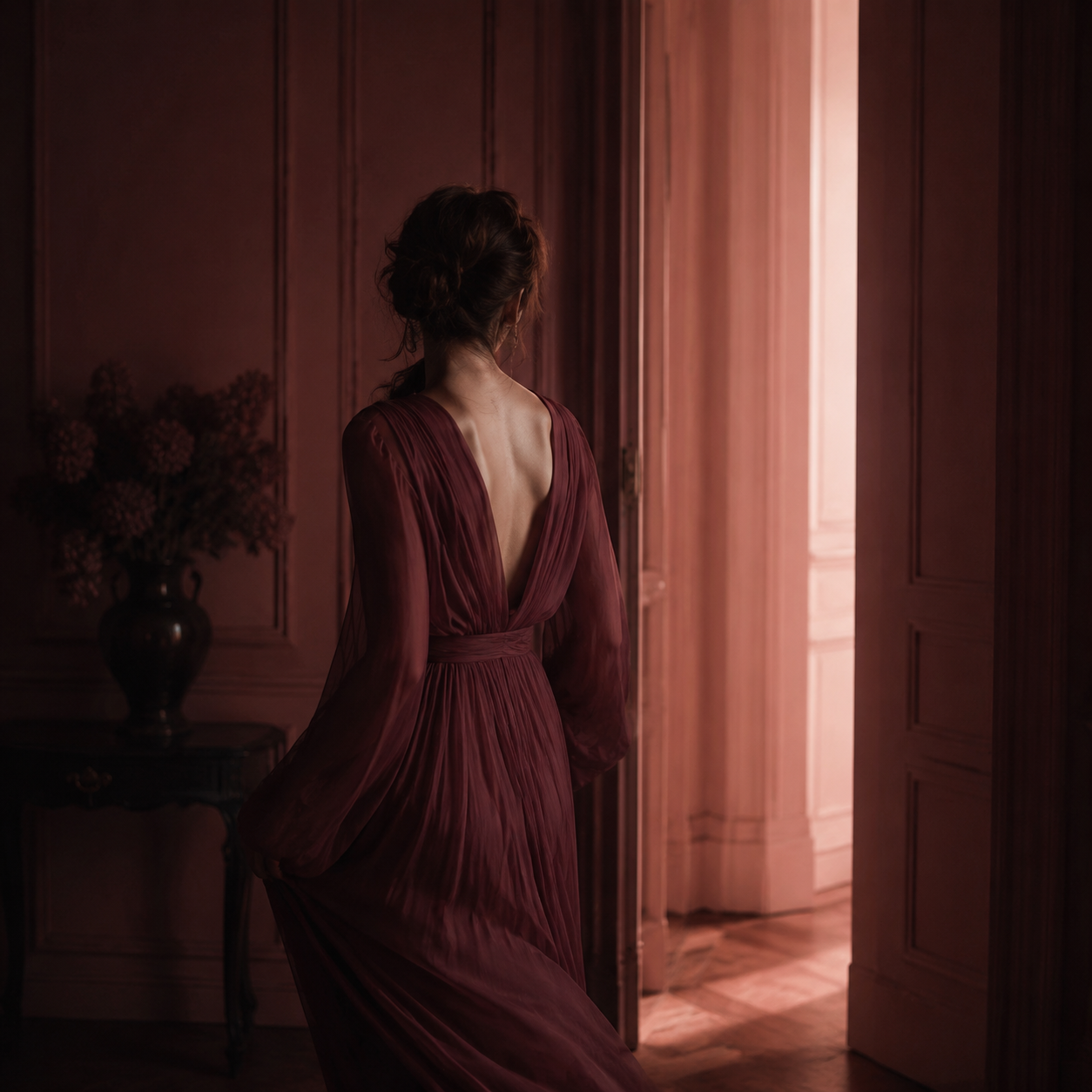 Anonymous woman in a burgundy dress turning toward a softly illuminated doorway