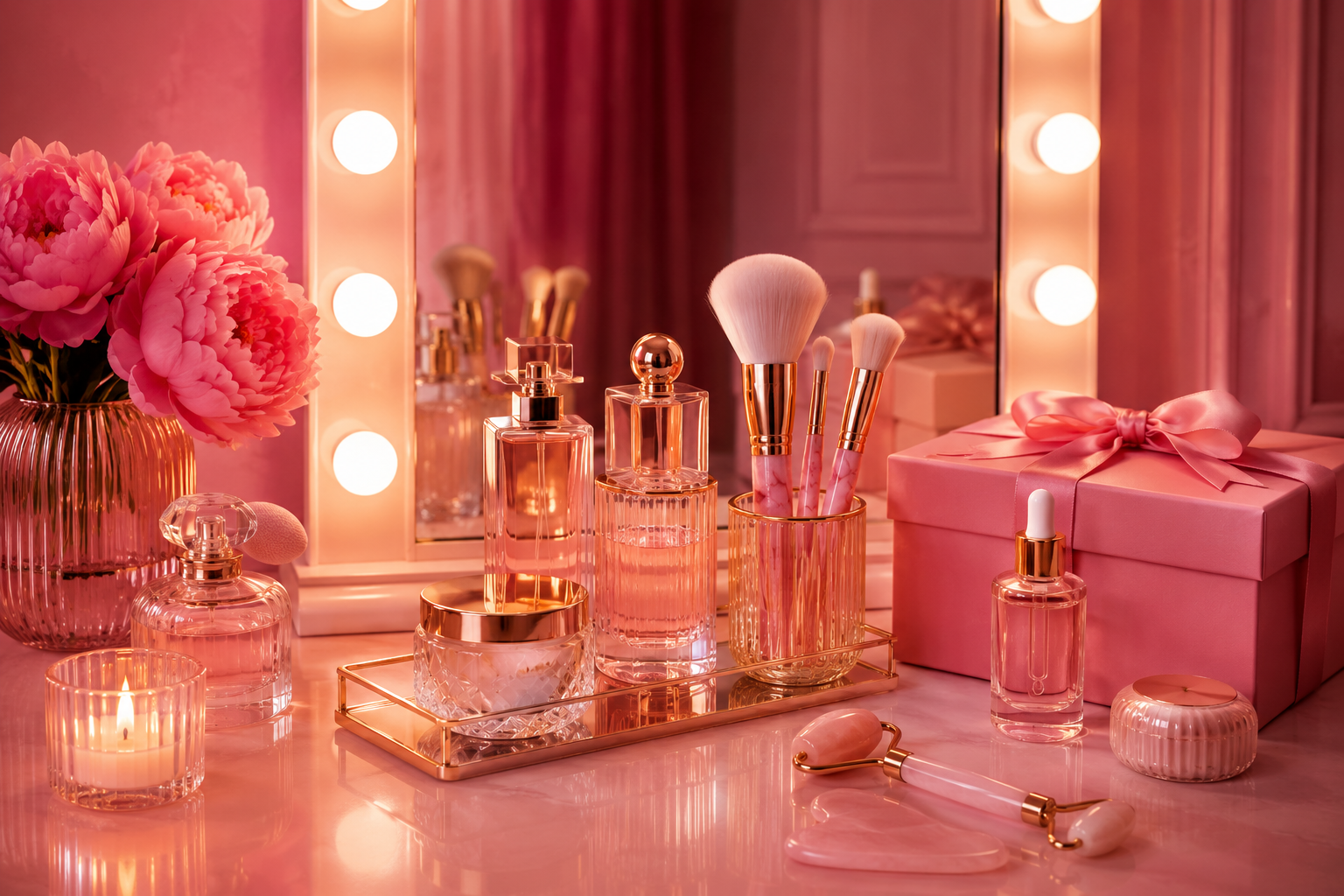 Glamorous pink vanity with beauty tools, mirror and gift box
