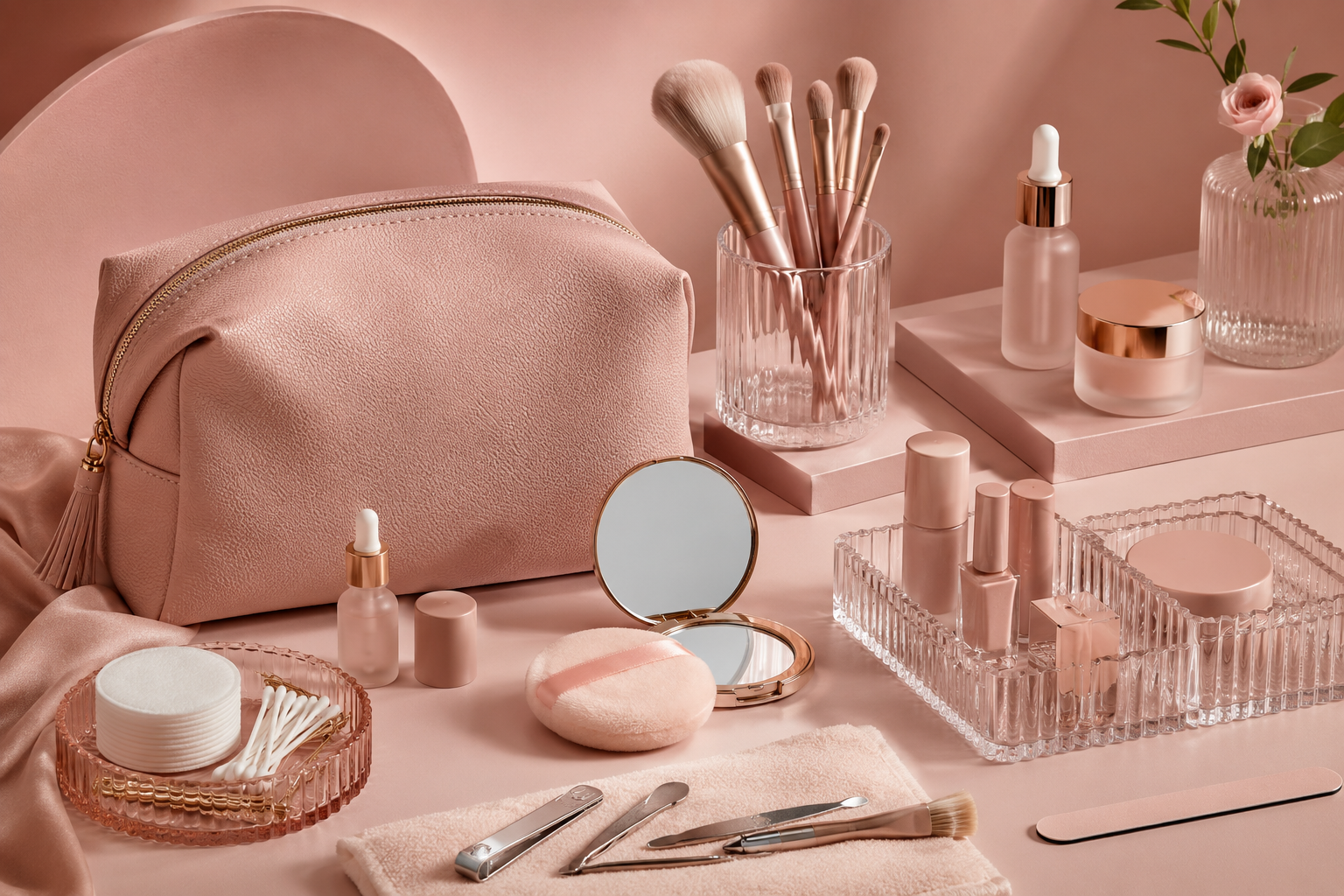 Pink Beauty Organizers in a polished pink beauty setting