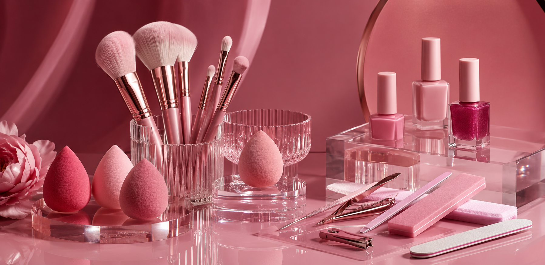 Pink Makeup Tools arranged in a pink editorial beauty scene