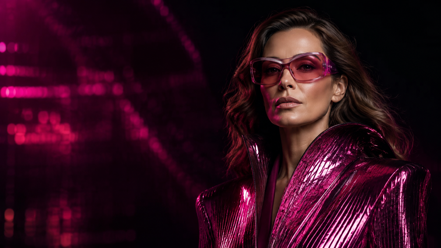Woman in metallic fuchsia fashion in a futuristic editorial setting