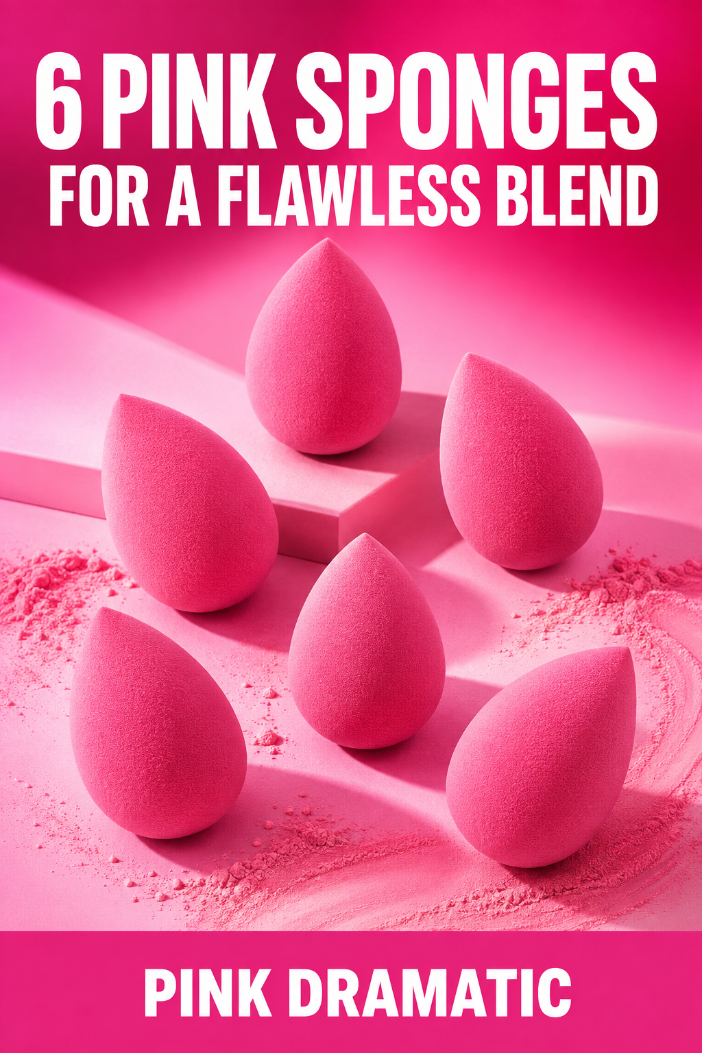 Six pink teardrop makeup sponges arranged in a Pink Dramatic beauty edit