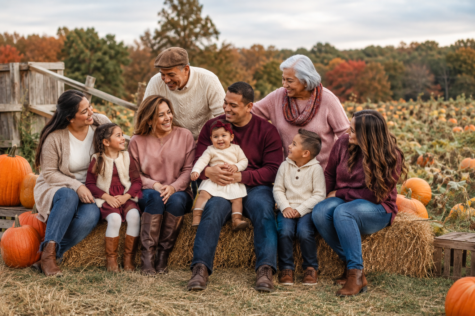 Multigenerational family in coordinated blush, burgundy, cream and denim pumpkin patch outfits