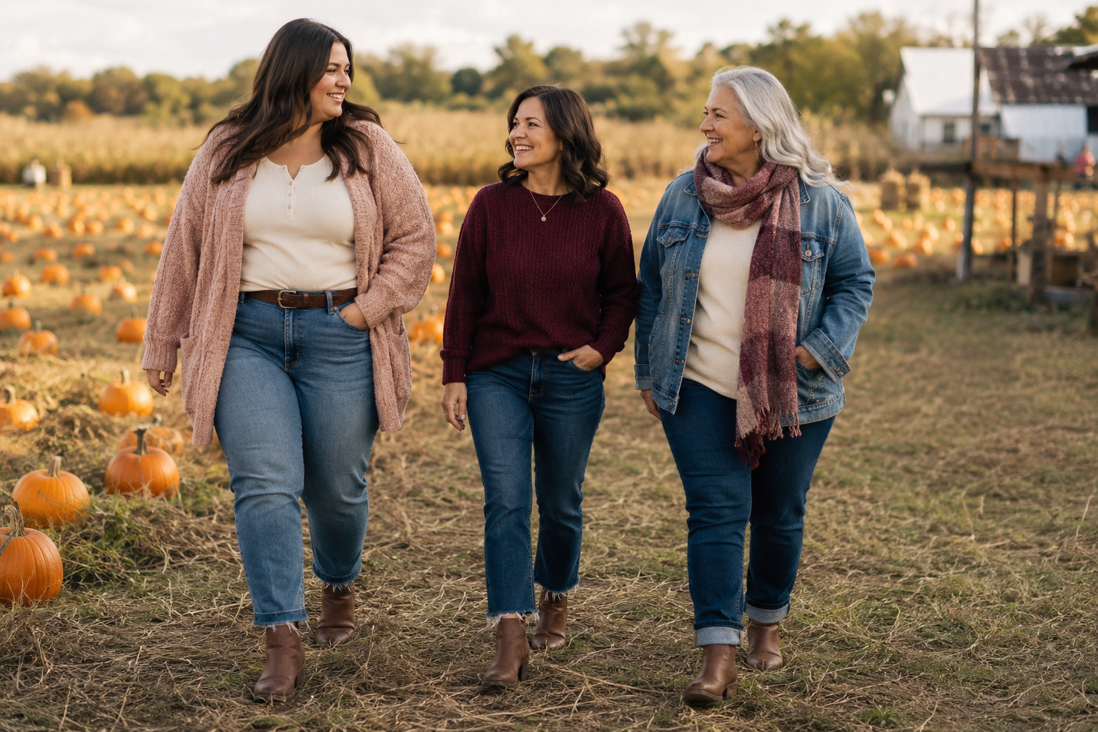 Women of different ages and body sizes wearing blush, burgundy and cream at a pumpkin patch