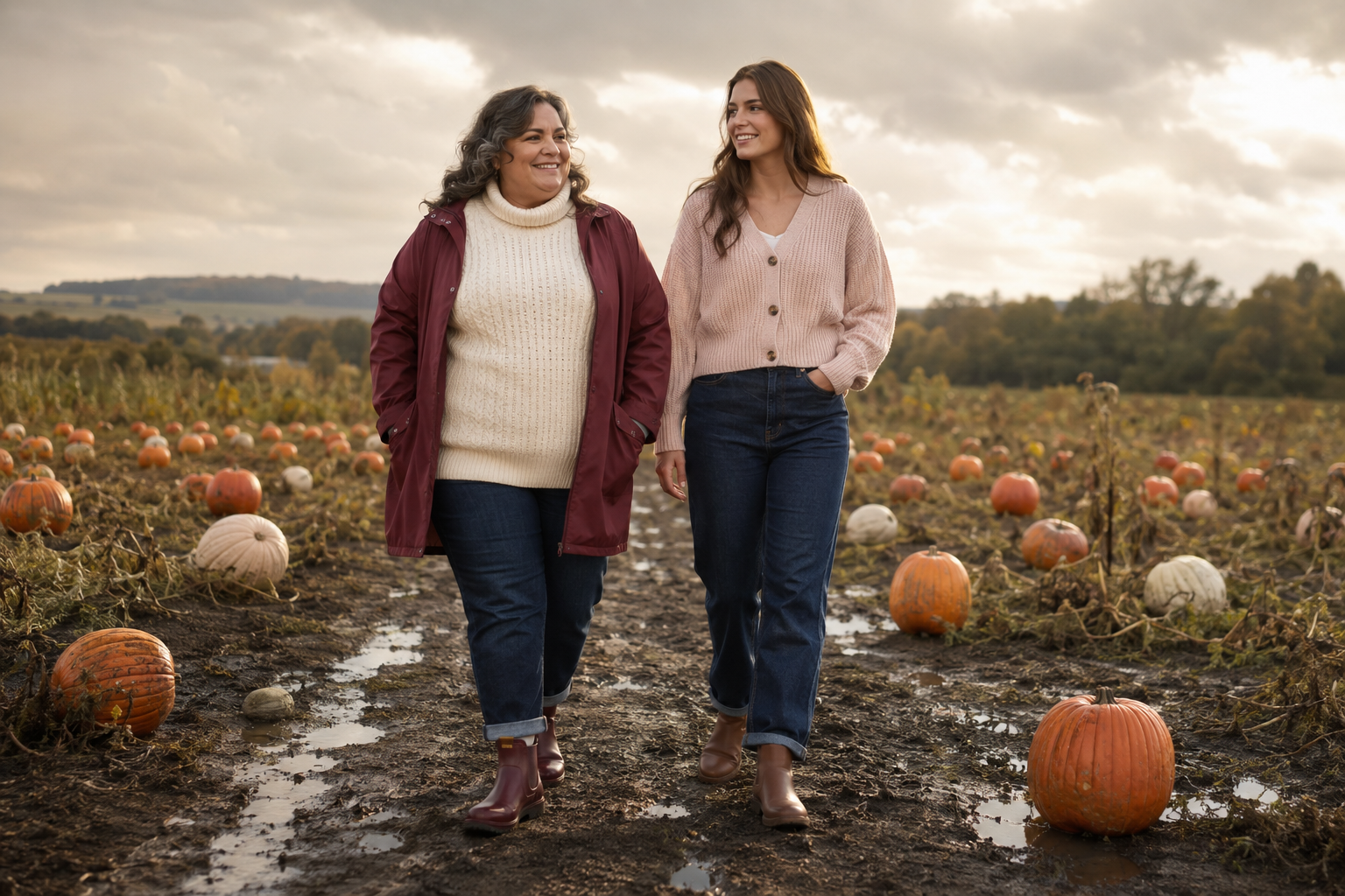 Women in practical layered outfits and waterproof boots at a pumpkin patch after rain