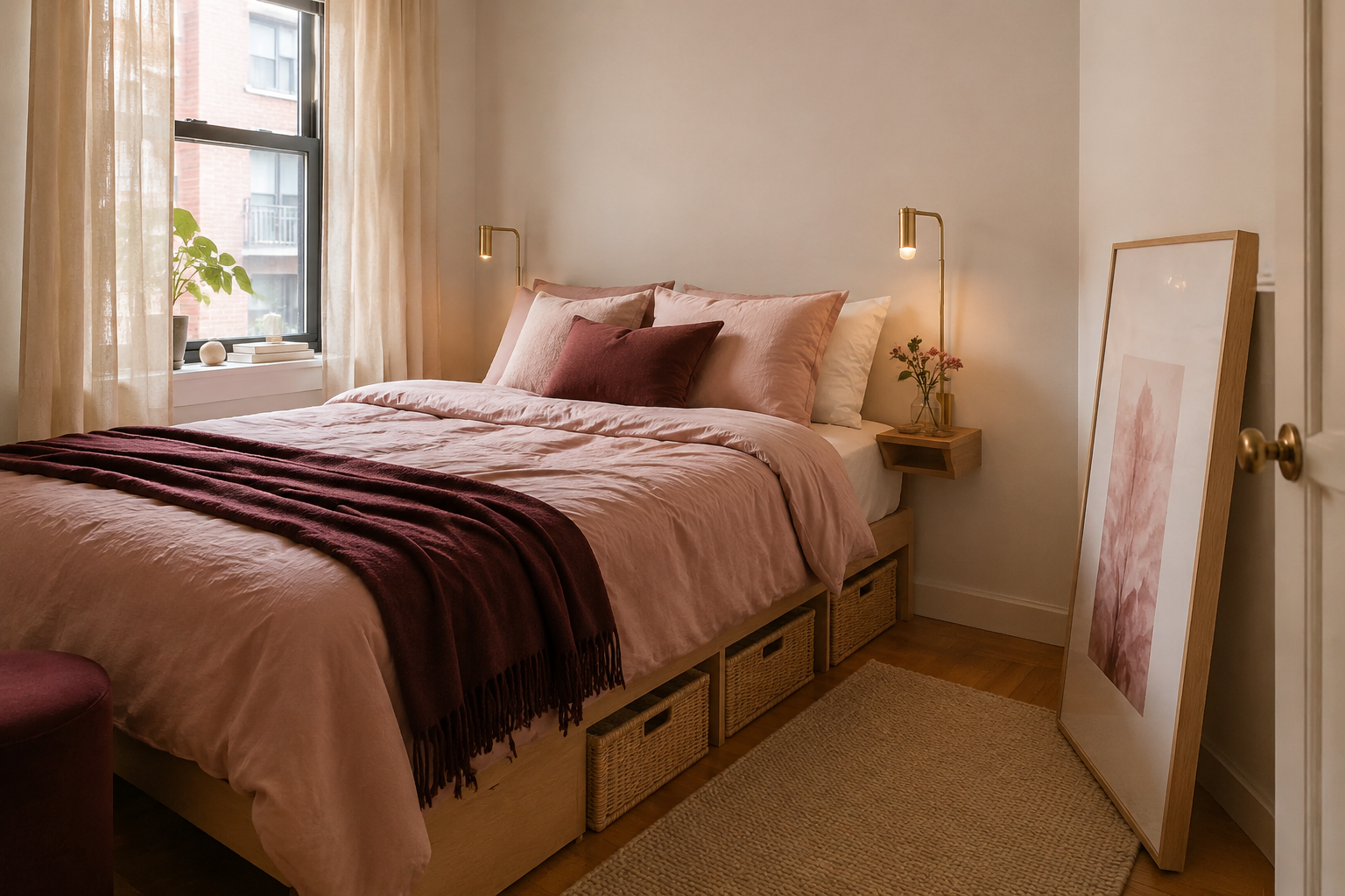 Small renter-friendly bedroom with blush bedding and integrated storage