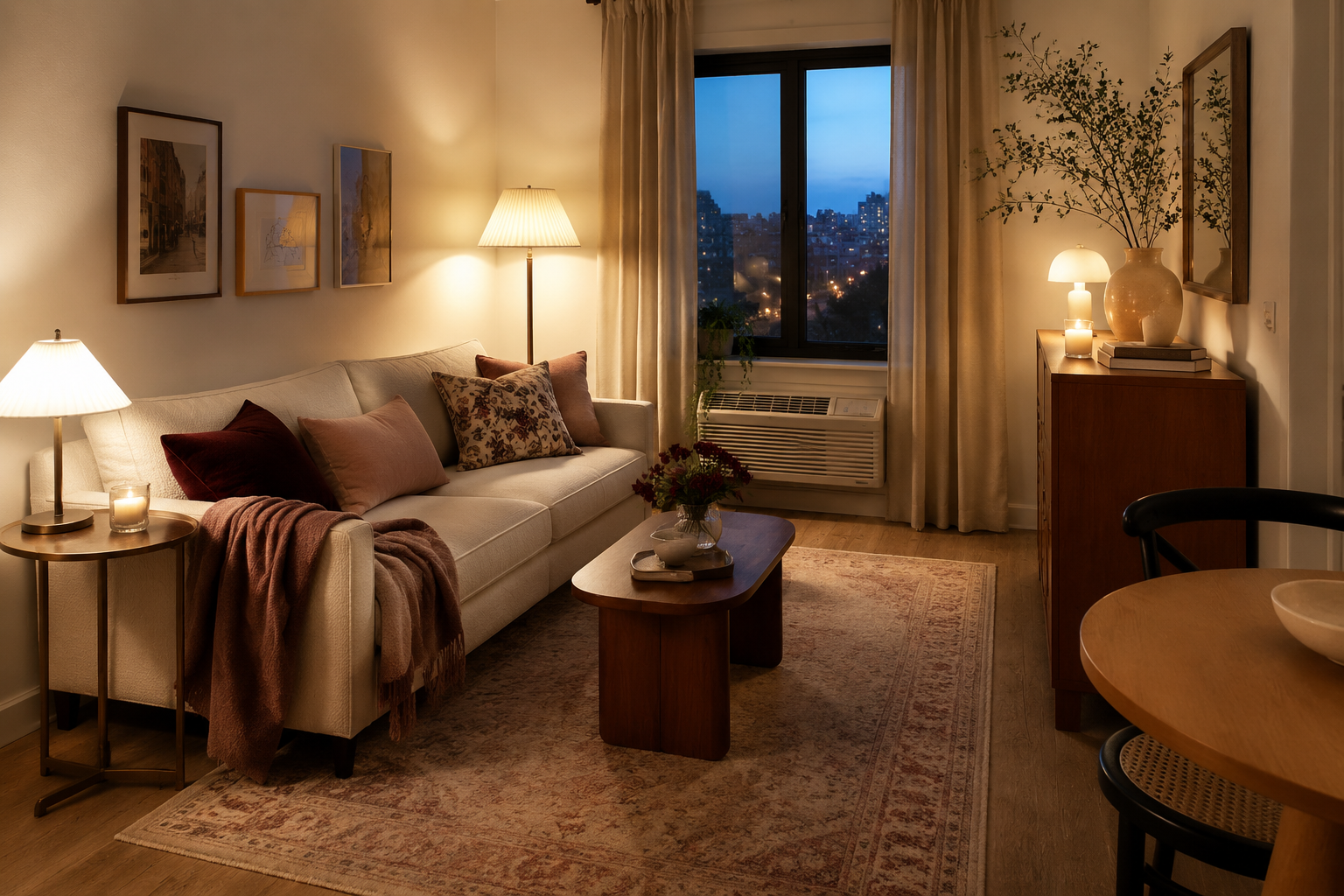 Warm small apartment living room with blush sofa, cream rug and burgundy details