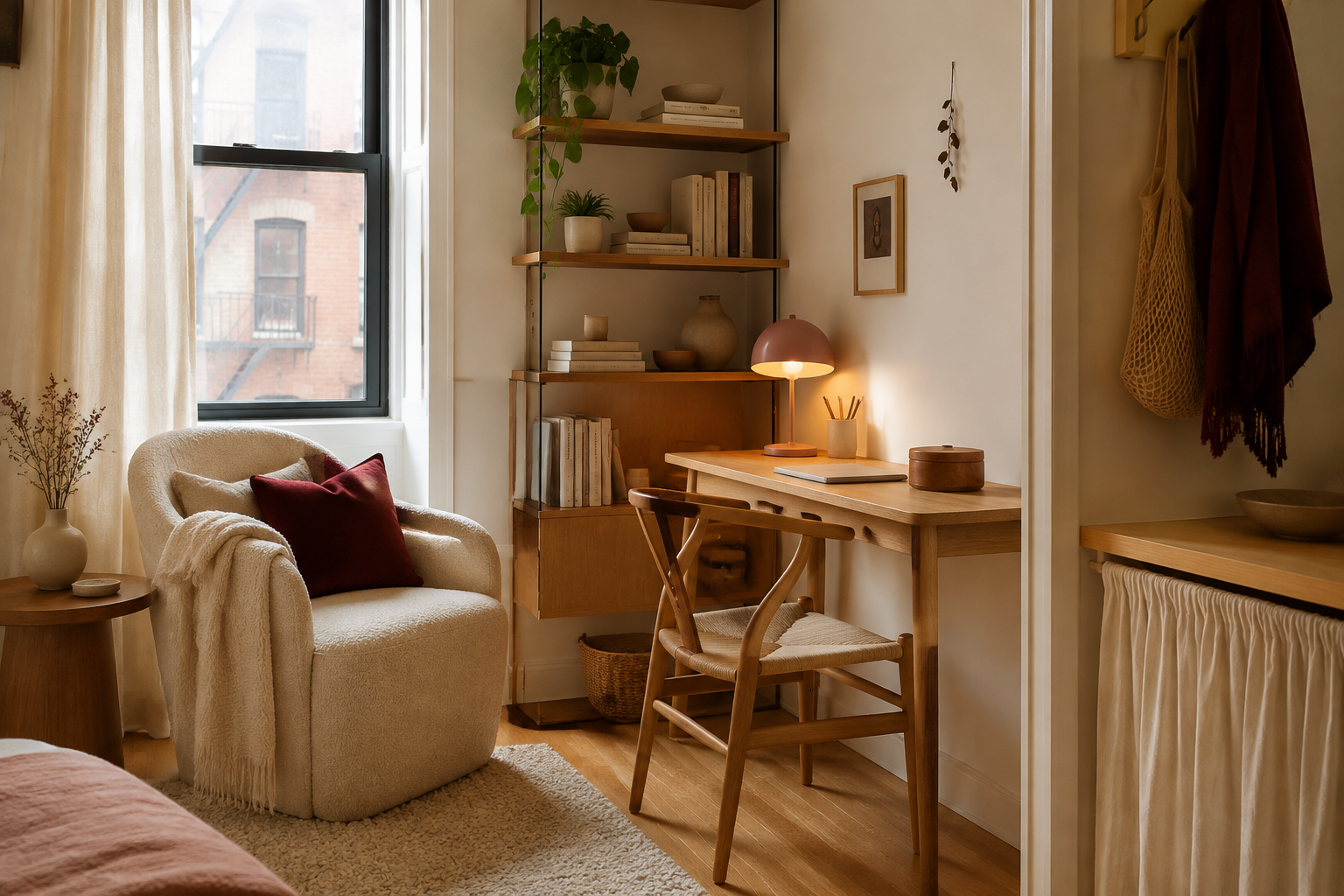 Compact apartment reading nook and slim workspace with vertical shelving