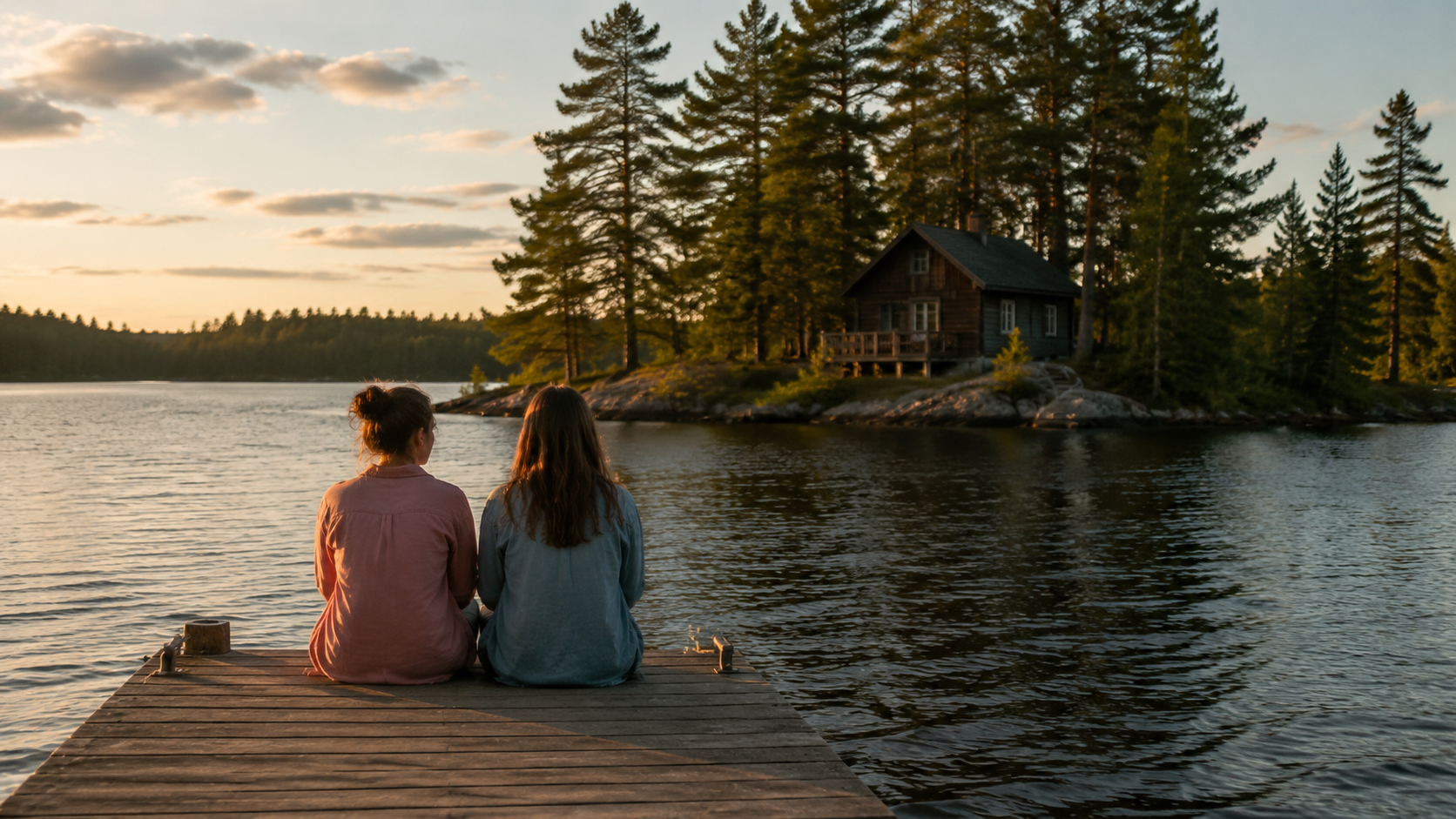 Two fictional young women on a wooden dock looking toward a pine-covered Canadian lake island at sunset