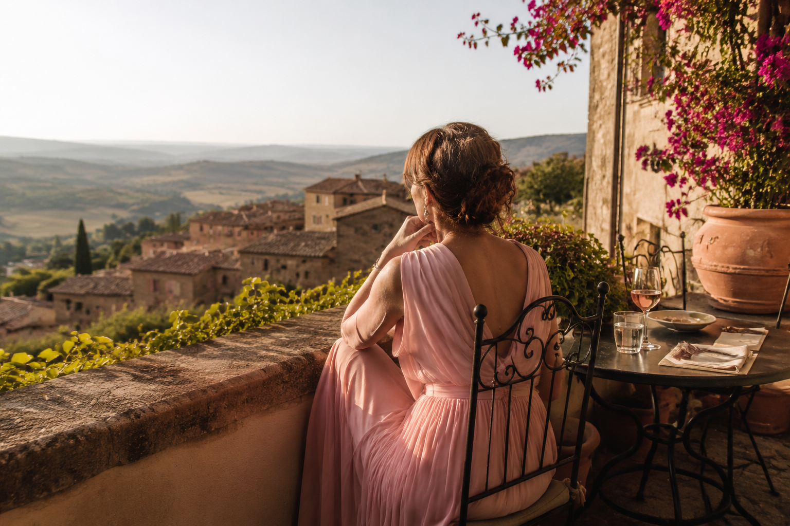 Elegant woman in a blush dress looking over a warm Tuscan village from a terrace
