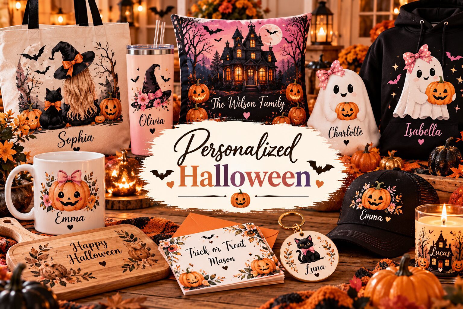 Personalized Halloween gifts and decorations including custom bags, mugs, tumblers, pillows, hoodies, candles, cards, ornaments, hats and home décor with names and custom designs-pink dramatic-pink dramatic.com