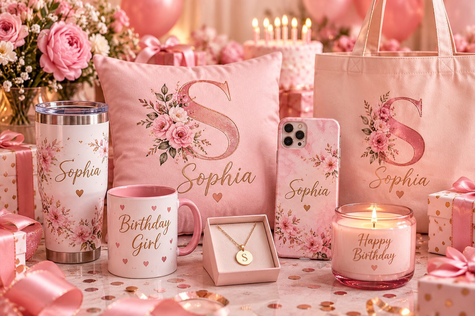 Personalized Birthday gifts - Pink Dramatic personalized gifts for you Personalized birthday gifts in pink featuring a custom tumbler, mug, pillow, phone case, tote bag, necklace and birthday candle with the name-Pink dramatic-pink dramatic gifts-pink dramatic custom gifts
