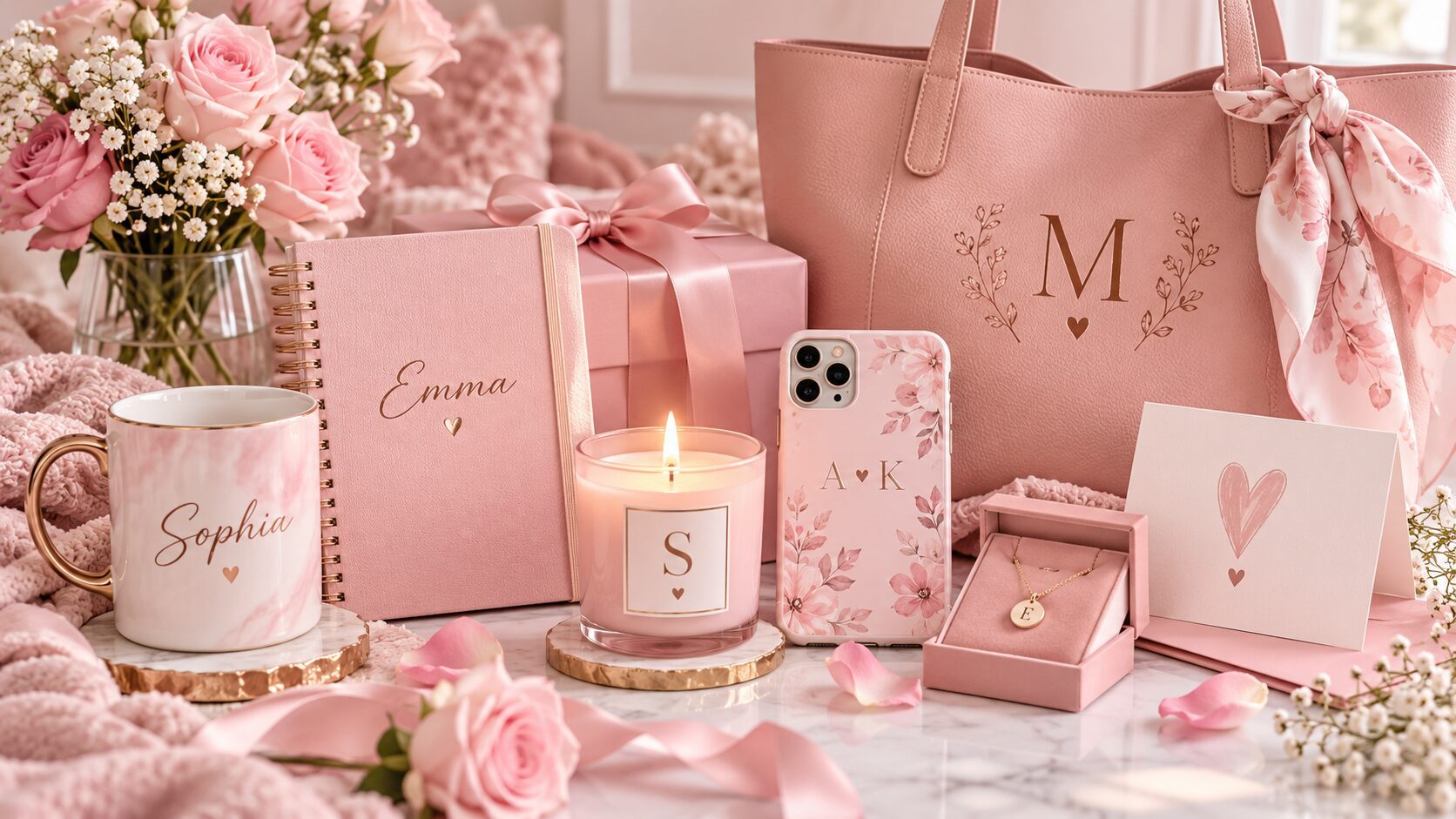 Personalized pink gifts met roze mok, notitieboek, tas, telefoonhoesje, kaars en sieraden met namen en initialen.-pink gifts-pink dramatic