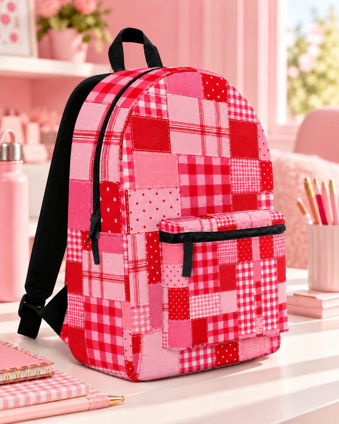 Pink Red Patchwork Print Cut Sew Backpack by Pink Dramatic-pink dramatic personalized gifts