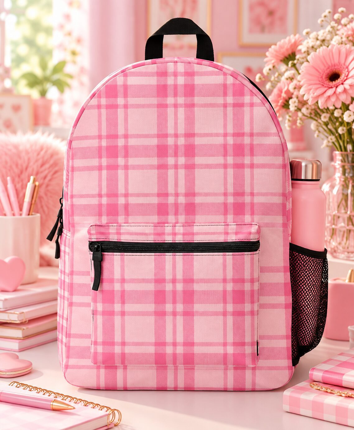 Pink plaid pattern printed backpack with pink checkered design and black zipper details-Pink Plaid Pattern Printed Backpack-pink dramatic bags-pink dramatic personalized gifts