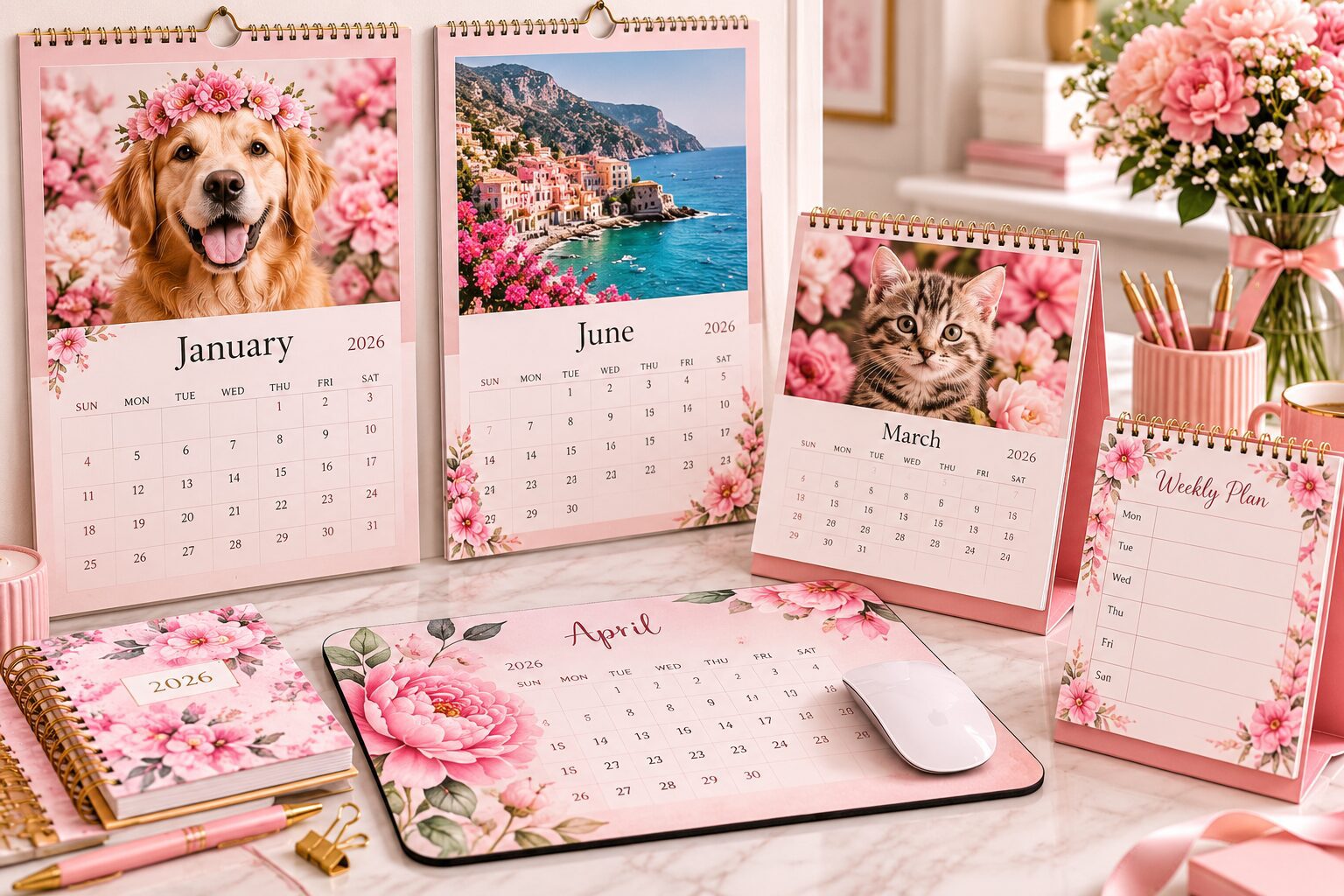 Shop personalized calendars with custom photos, floral designs, pet themes, wall calendars, desk calendars and weekly planners.-pink dramatic calendars-pink dramatic gifts