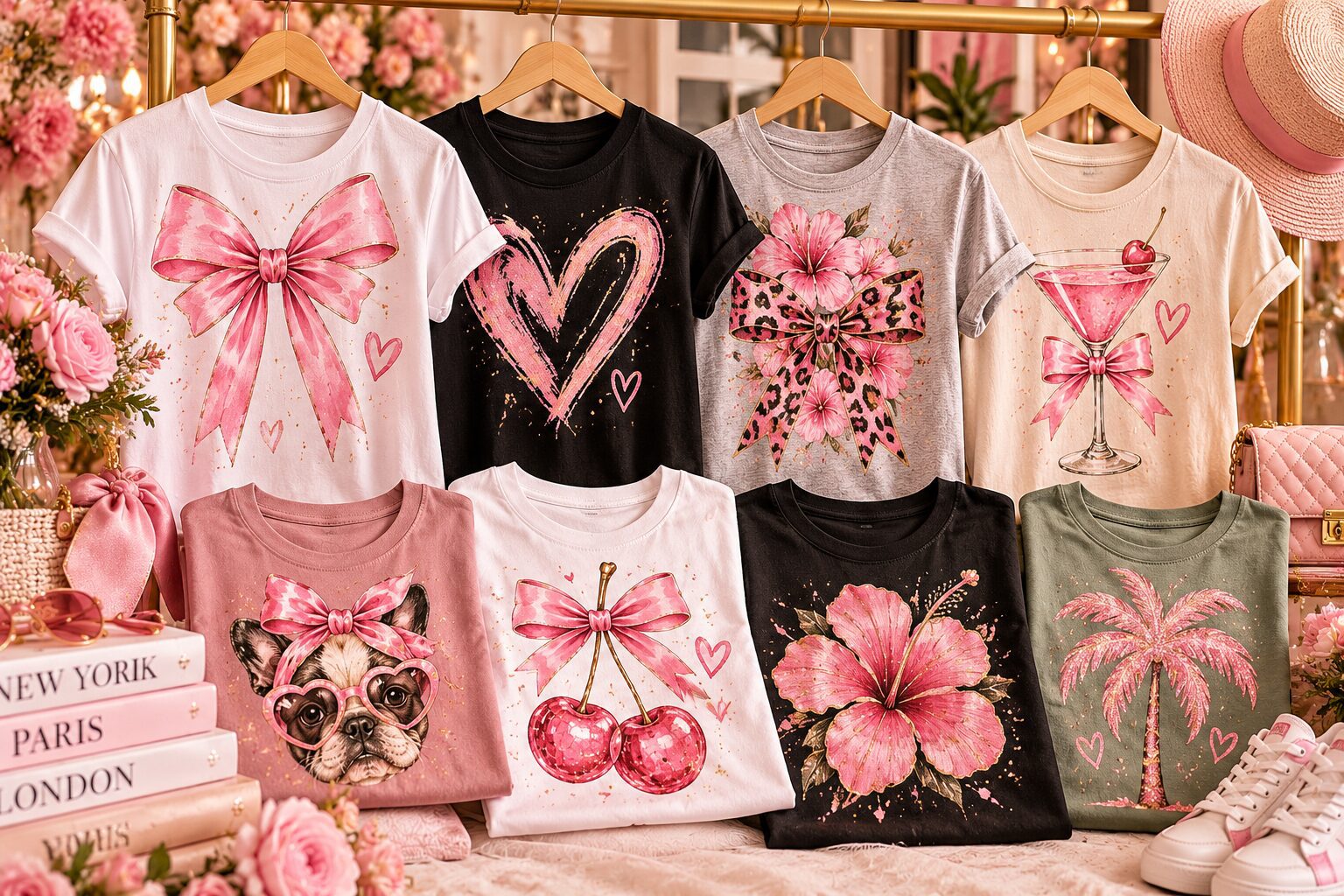 T-shirts in white, black, gray, beige, pink and green with pink prints featuring bows, hearts, flowers, cherries, a dog, cocktail and palm tree designs.-pink dramatic tshirts with prints-personalized tshirts